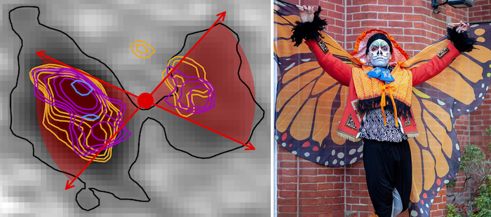 A diagram showing Mariposa, a galaxy with two wings displayed as colored contours / Vicente holding his wings out to the side in a similar shape to Mariposa