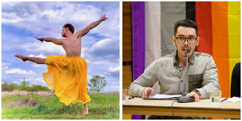 Vicente leaps into the sky with outstretched limbs / Vicente speaks at a panel about the Global Barometer of Gay Rights