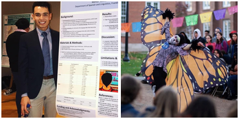 Vicente presents a research poster while wearing a blazer and tie / Vicente wears skeleton makeup and extends his butterfly wings before a crowd.